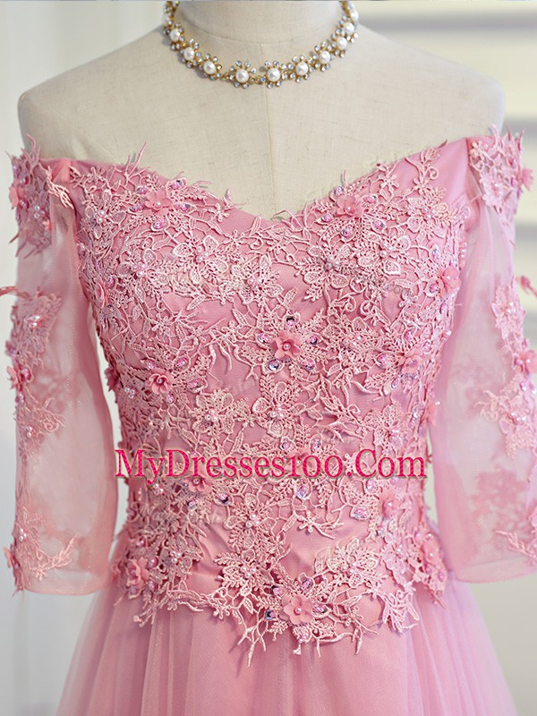 Floor Length Pink Mother Of The Bride Dress Tulle 3 4 Length Sleeve Beading and Lace and Appliques