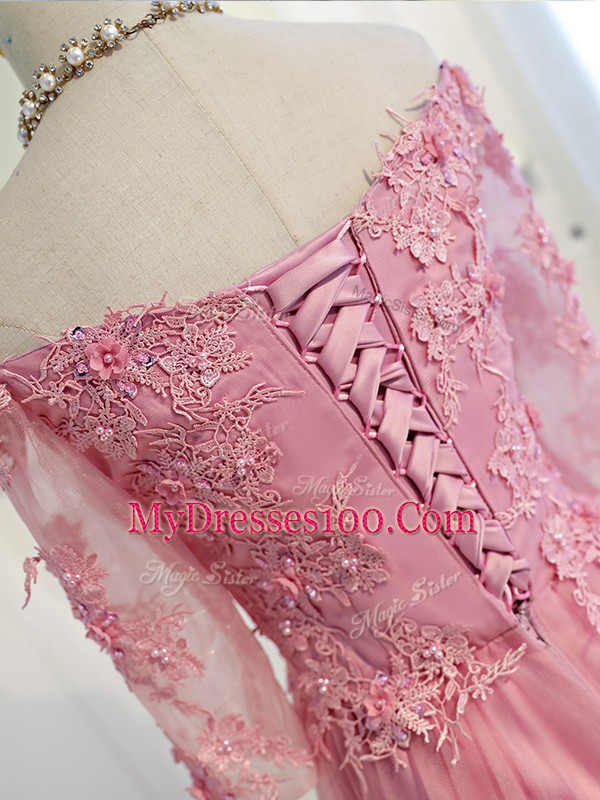 Floor Length Pink Mother Of The Bride Dress Tulle 3 4 Length Sleeve Beading and Lace and Appliques