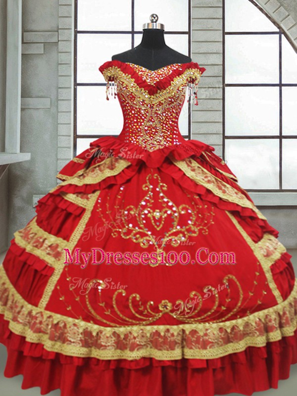Red Cap Sleeves Beading and Embroidery and Ruffled Layers Floor Length 15 Quinceanera Dress