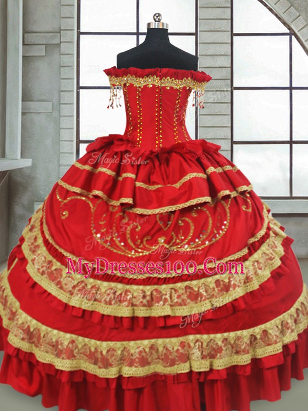 Red Cap Sleeves Beading and Embroidery and Ruffled Layers Floor Length 15 Quinceanera Dress