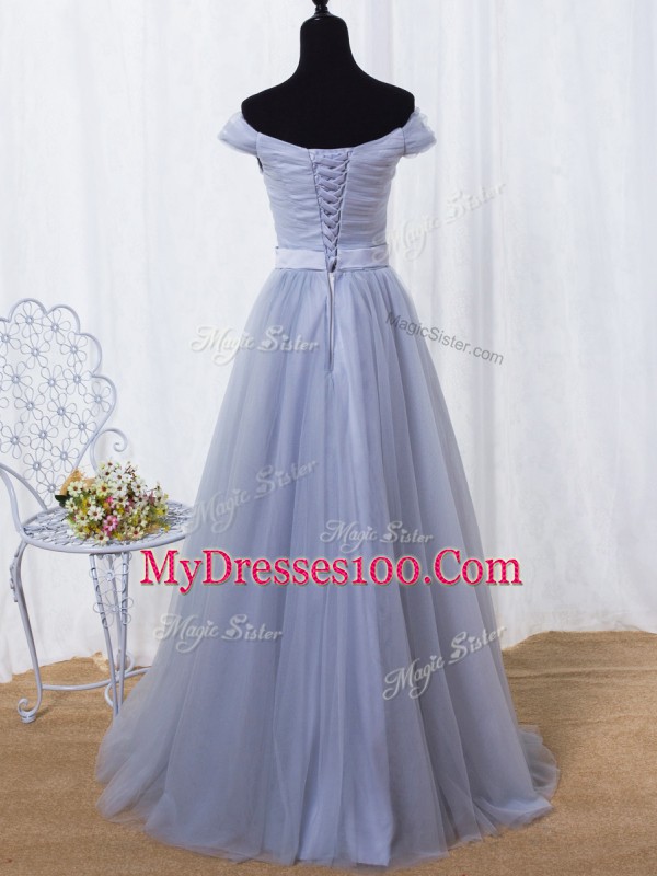 Off The Shoulder Sleeveless Tulle Ruching and Belt Lace Up
