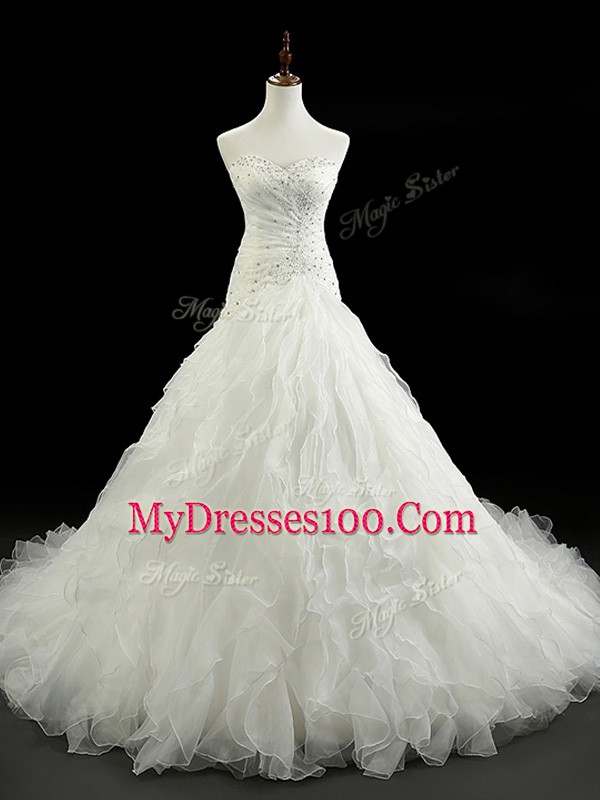 White Sweetheart Neckline Beading and Ruffles Wedding Dress Sleeveless Lace Up