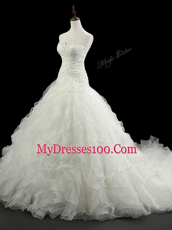 White Sweetheart Neckline Beading and Ruffles Wedding Dress Sleeveless Lace Up