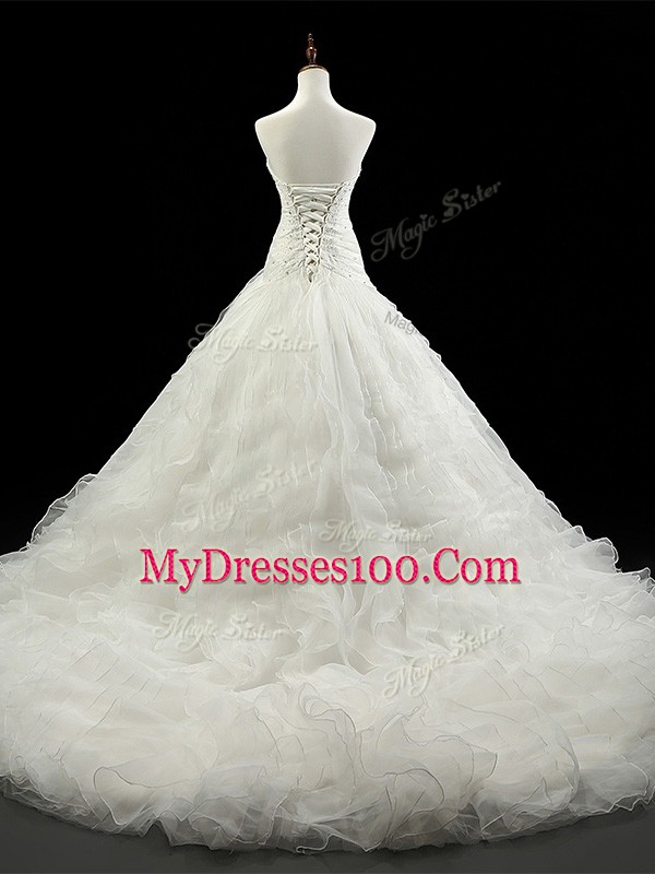 White Sweetheart Neckline Beading and Ruffles Wedding Dress Sleeveless Lace Up