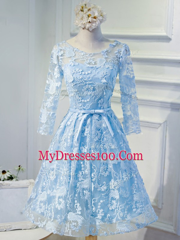 Light Blue Lace Up Scoop Beading and Appliques Club Wear Organza Long Sleeves