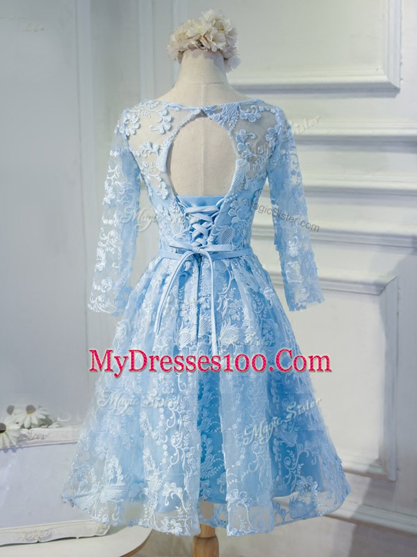 Light Blue Lace Up Scoop Beading and Appliques Club Wear Organza Long Sleeves