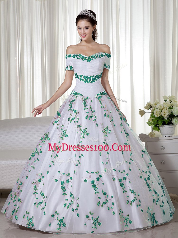 Trendy Ball Gowns Quinceanera Gown White Off The Shoulder Organza Short Sleeves Floor Length Lace Up