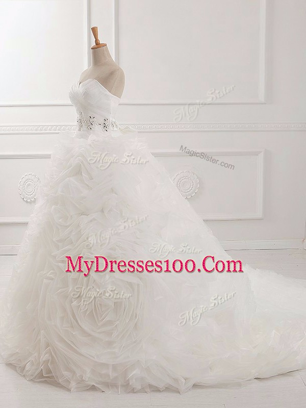 Flare White Sweetheart Lace Up Beading and Ruching Wedding Dress Brush Train Sleeveless