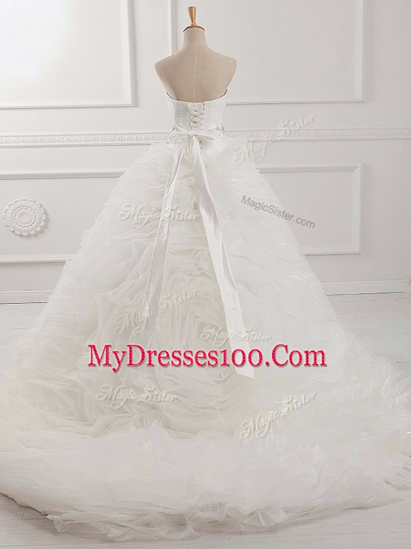 Flare White Sweetheart Lace Up Beading and Ruching Wedding Dress Brush Train Sleeveless