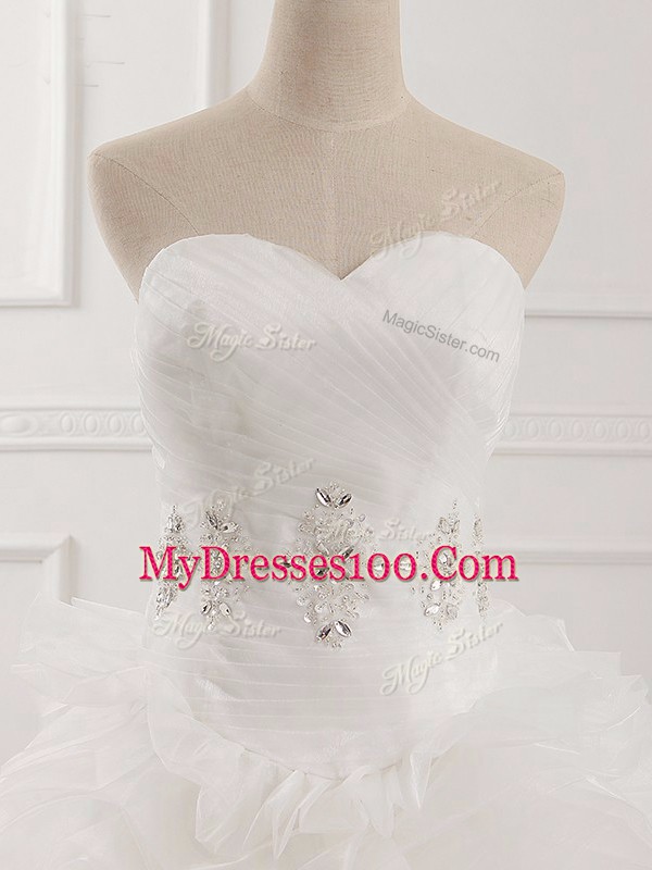 Flare White Sweetheart Lace Up Beading and Ruching Wedding Dress Brush Train Sleeveless