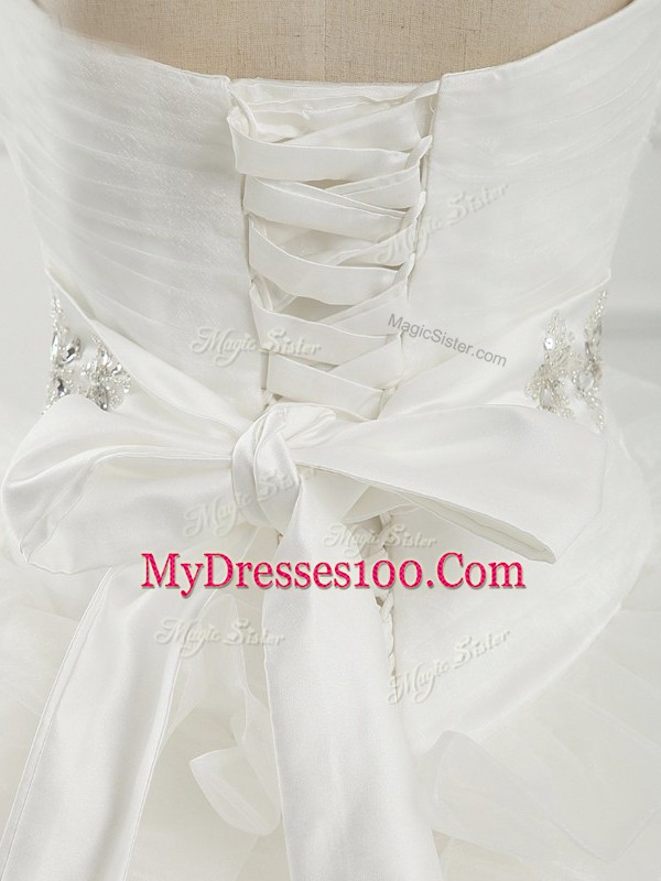 Flare White Sweetheart Lace Up Beading and Ruching Wedding Dress Brush Train Sleeveless