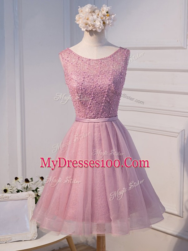 A-line Prom Evening Gown Pink Scoop Tulle Sleeveless Mini Length Lace Up