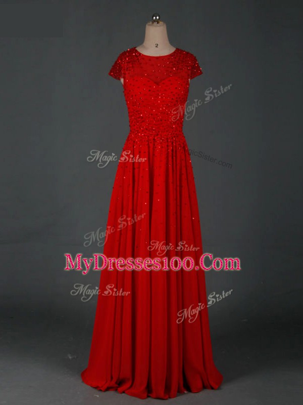 Stylish Empire Mother Of The Bride Dress Red Scoop Chiffon Cap Sleeves Floor Length Zipper