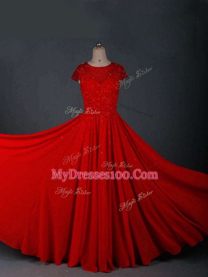 Stylish Empire Mother Of The Bride Dress Red Scoop Chiffon Cap Sleeves Floor Length Zipper