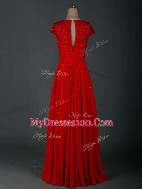 Stylish Empire Mother Of The Bride Dress Red Scoop Chiffon Cap Sleeves Floor Length Zipper