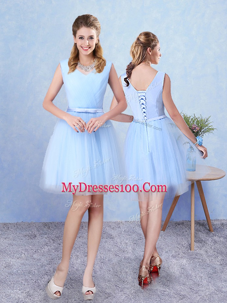 Aqua Blue A-line Ruching Bridesmaid Gown Lace Up Tulle Sleeveless Knee Length