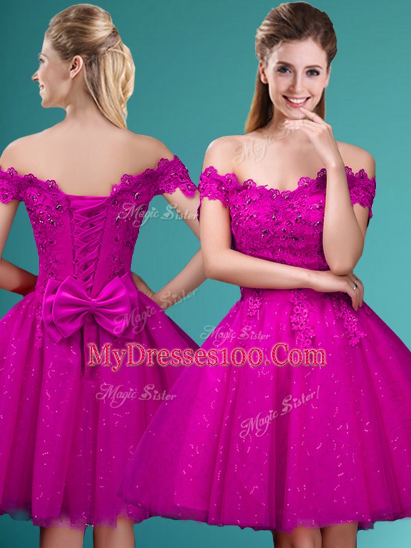 Glorious Fuchsia A-line Lace and Belt Bridesmaid Gown Lace Up Tulle Cap Sleeves Knee Length