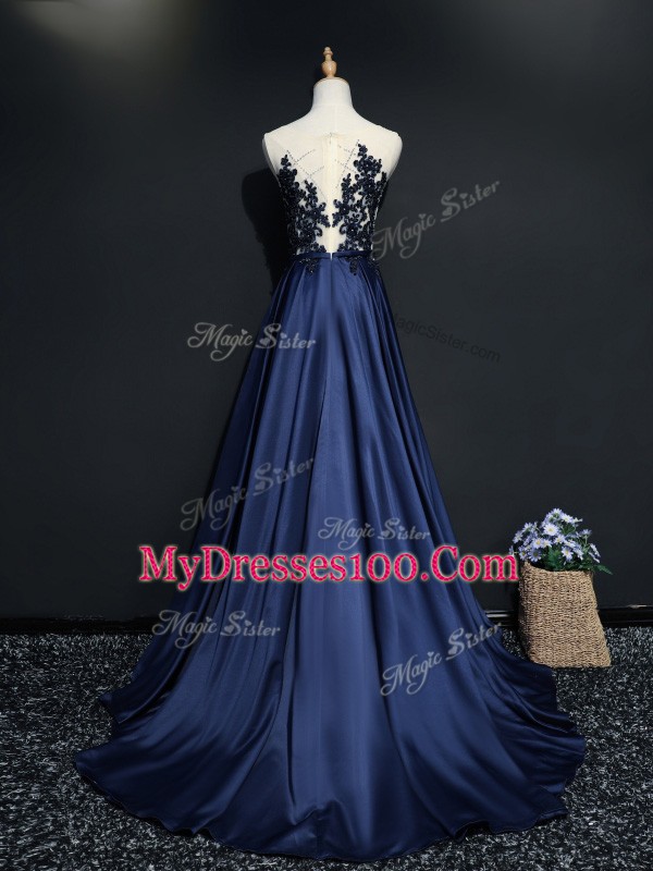 Romantic Taffeta Scoop Sleeveless Brush Train Zipper Beading and Appliques Homecoming Dress in Navy Blue
