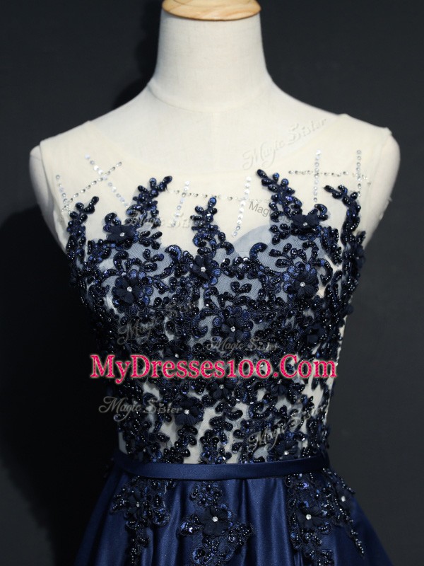 Romantic Taffeta Scoop Sleeveless Brush Train Zipper Beading and Appliques Homecoming Dress in Navy Blue