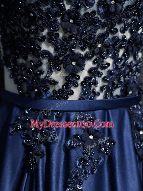 Romantic Taffeta Scoop Sleeveless Brush Train Zipper Beading and Appliques Homecoming Dress in Navy Blue
