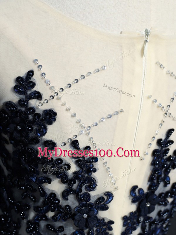 Romantic Taffeta Scoop Sleeveless Brush Train Zipper Beading and Appliques Homecoming Dress in Navy Blue