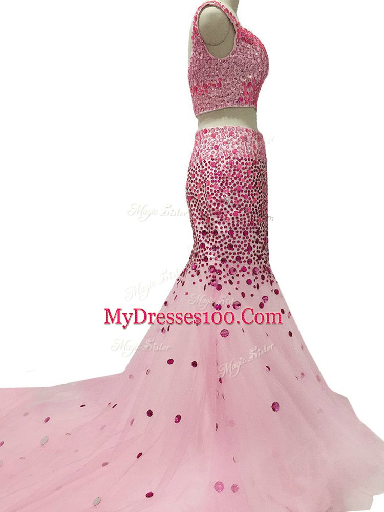 Pretty Two Pieces Sleeveless Baby Pink Evening Gowns Brush Train Zipper