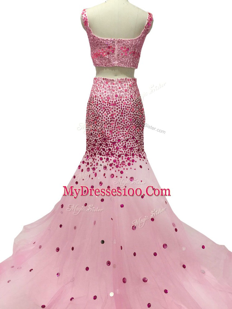 Pretty Two Pieces Sleeveless Baby Pink Evening Gowns Brush Train Zipper