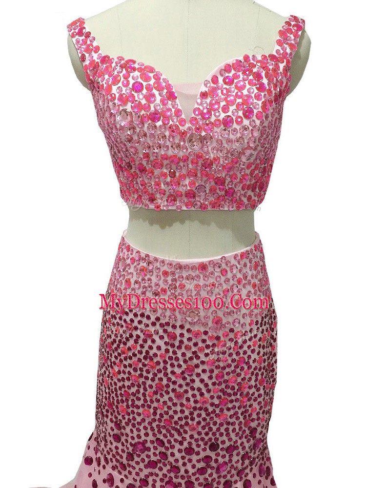 Pretty Two Pieces Sleeveless Baby Pink Evening Gowns Brush Train Zipper