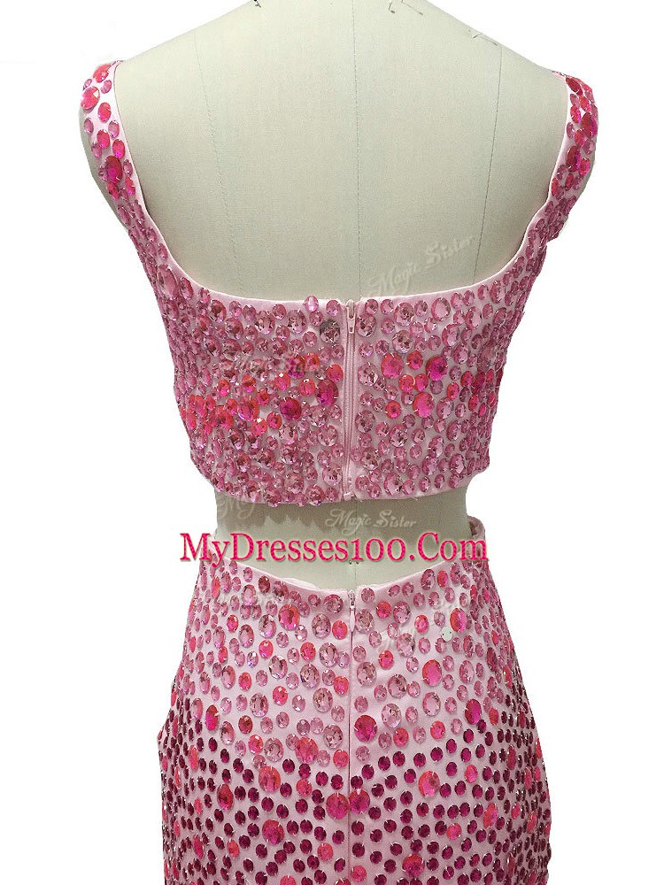 Pretty Two Pieces Sleeveless Baby Pink Evening Gowns Brush Train Zipper