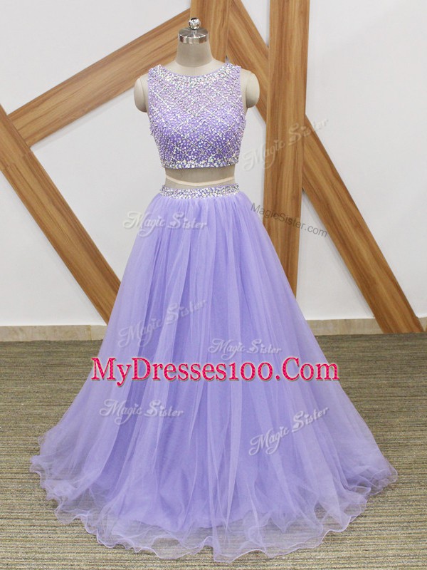 Fashion Tulle Sleeveless Floor Length Prom Evening Gown and Beading