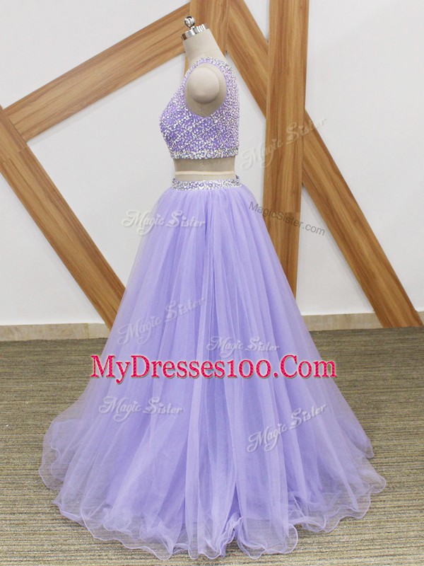 Fashion Tulle Sleeveless Floor Length Prom Evening Gown and Beading