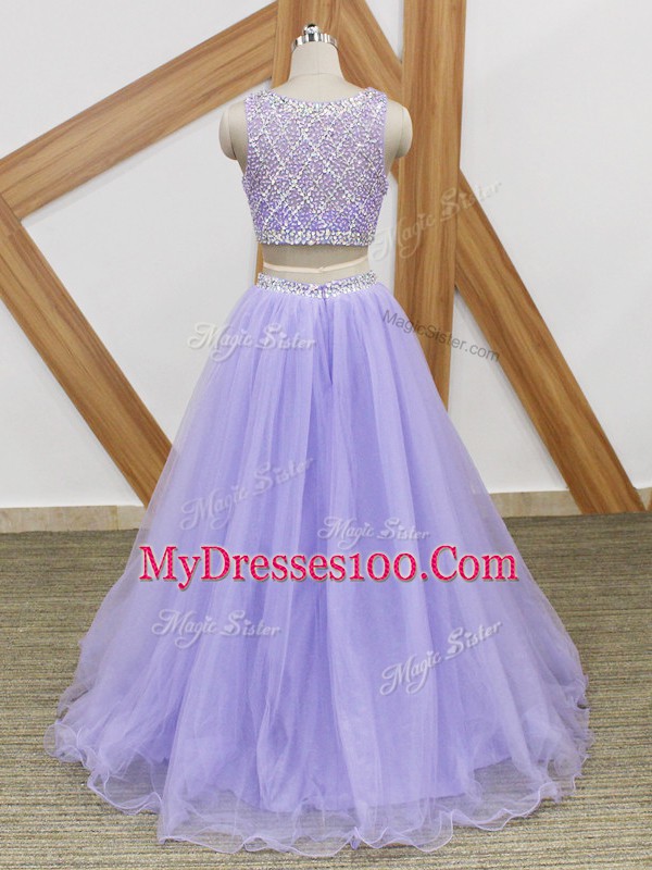 Fashion Tulle Sleeveless Floor Length Prom Evening Gown and Beading