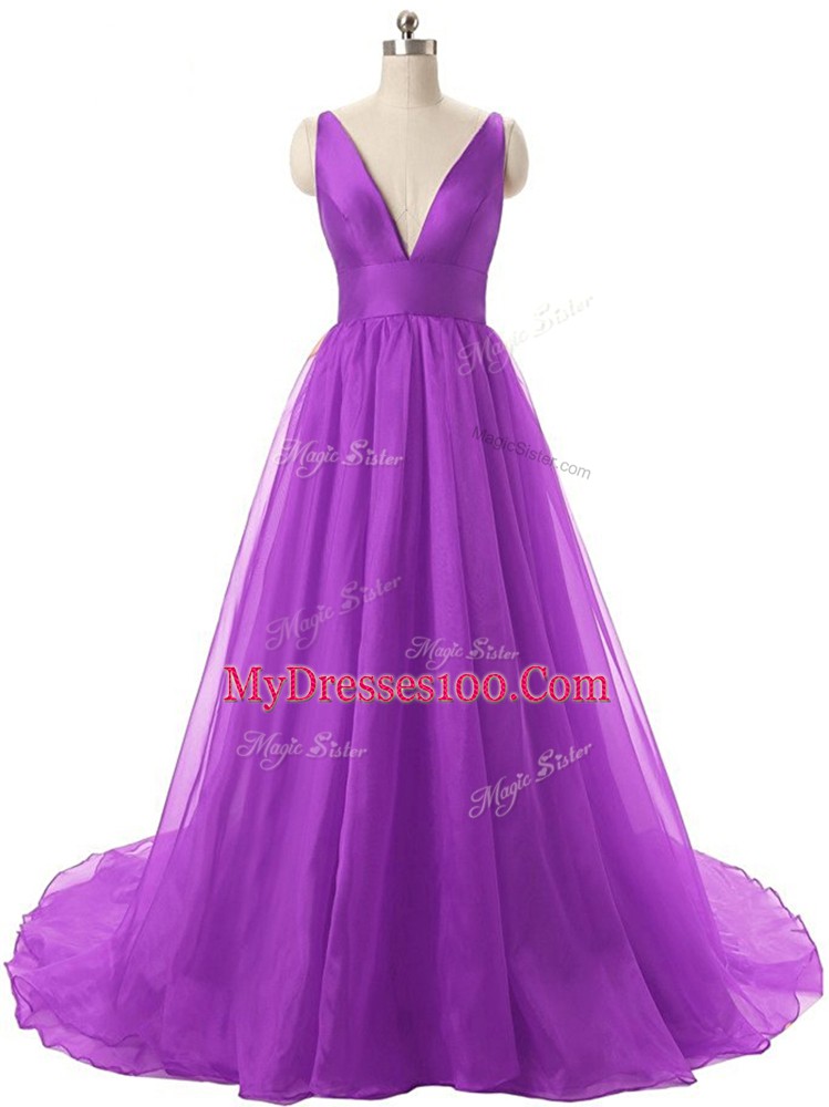 Eggplant Purple Sleeveless Ruching Prom Gown