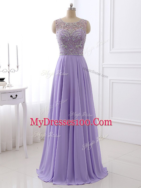 Glittering Sleeveless Chiffon Floor Length Zipper in Lavender with Beading