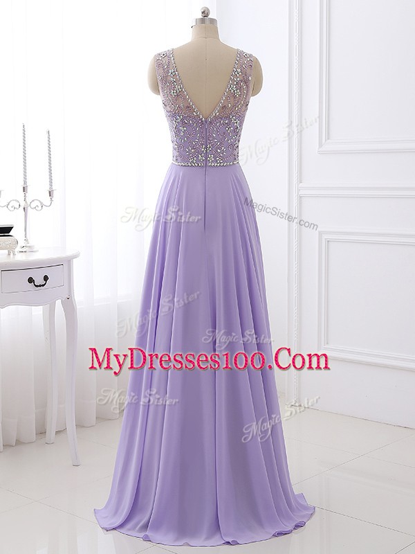 Glittering Sleeveless Chiffon Floor Length Zipper in Lavender with Beading