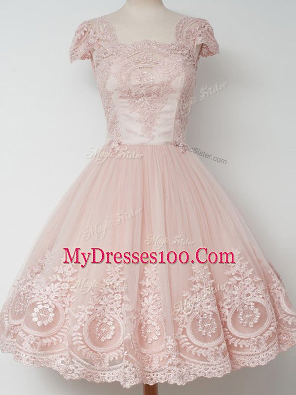 Tulle Cap Sleeves Knee Length Vestidos de Damas and Lace