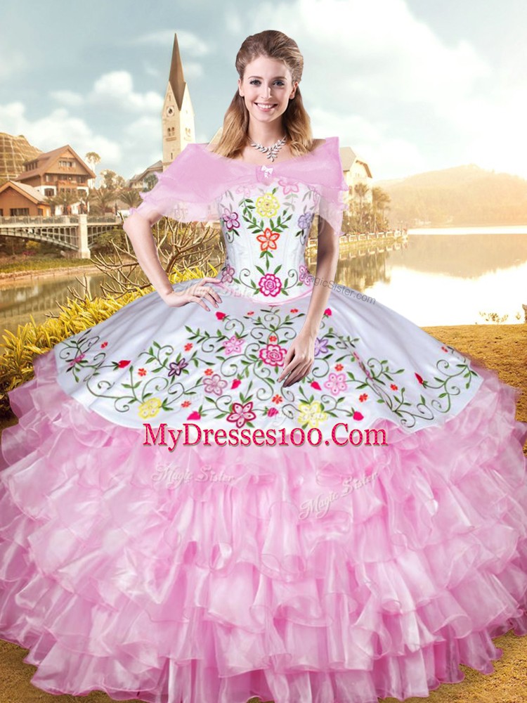 Rose Pink Sleeveless Floor Length Embroidery and Ruffled Layers Lace Up Quinceanera Gowns