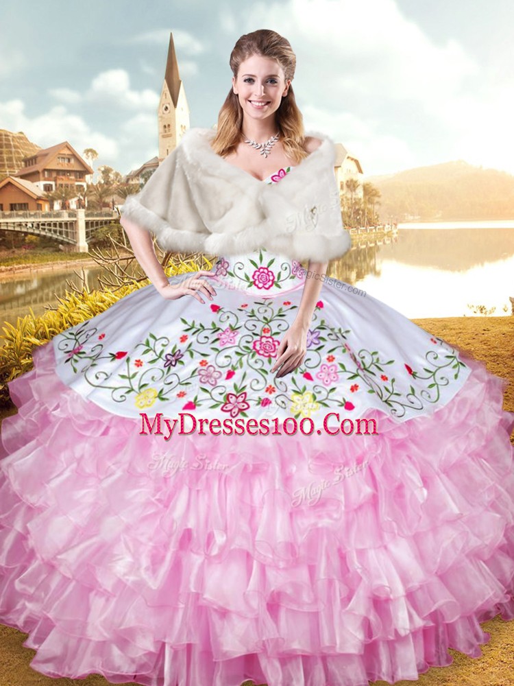 Rose Pink Sleeveless Floor Length Embroidery and Ruffled Layers Lace Up Quinceanera Gowns