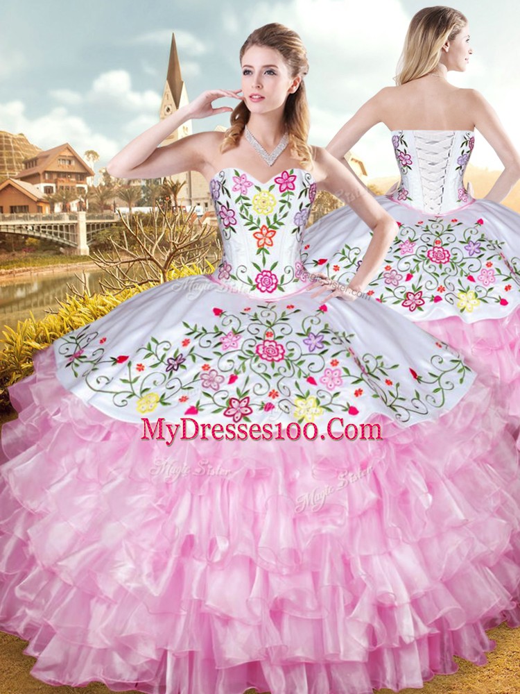 Rose Pink Sleeveless Floor Length Embroidery and Ruffled Layers Lace Up Quinceanera Gowns