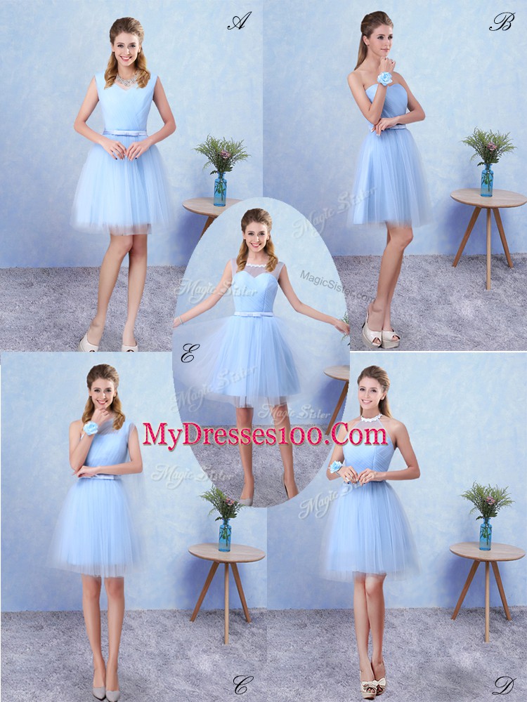 Knee Length Blue Bridesmaid Dresses Tulle Sleeveless Ruching