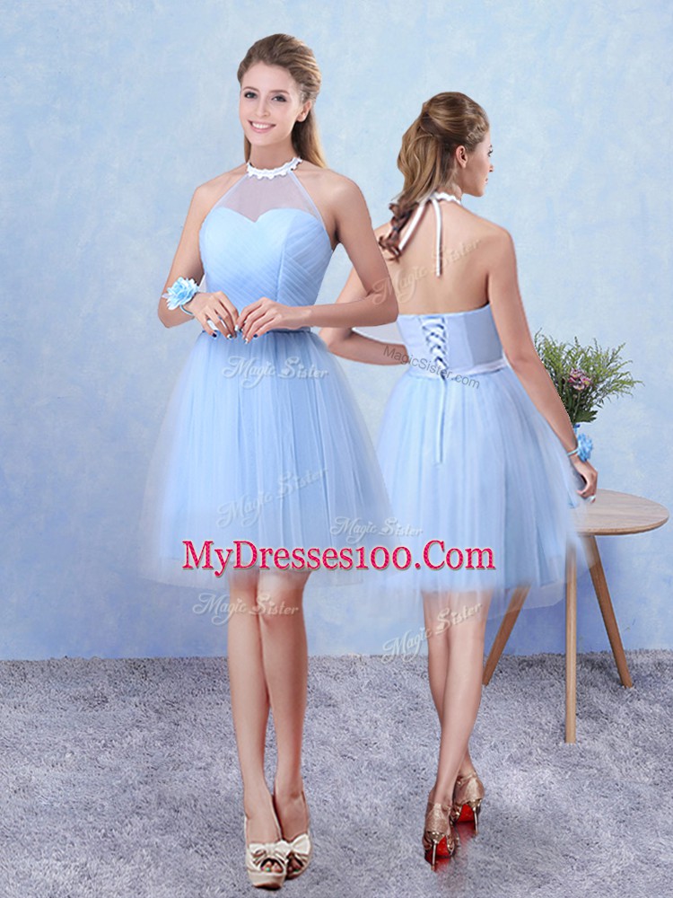Knee Length Blue Bridesmaid Dresses Tulle Sleeveless Ruching