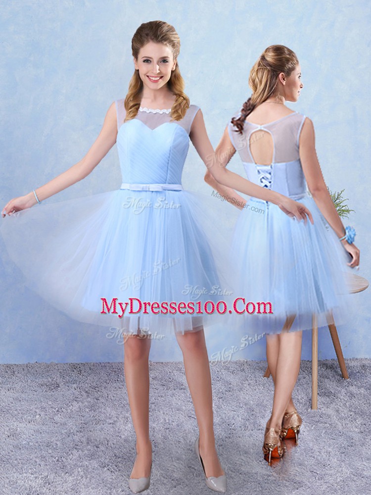 Knee Length Blue Bridesmaid Dresses Tulle Sleeveless Ruching