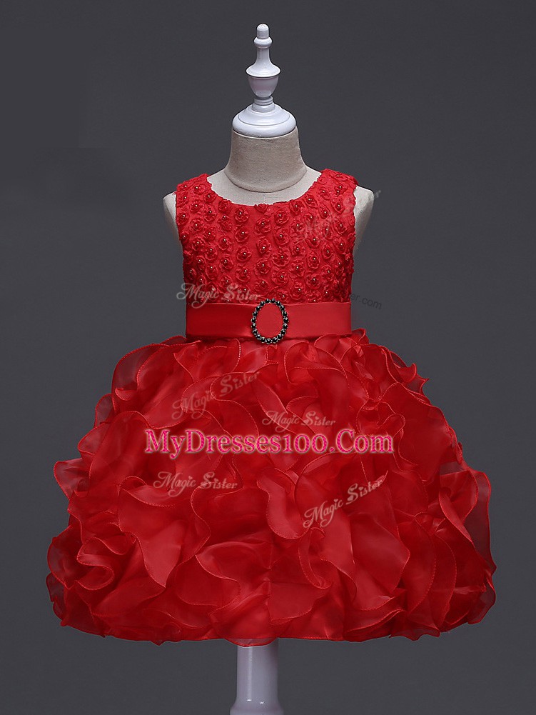 Organza Sleeveless Knee Length Little Girls Pageant Gowns and Ruffles and Belt