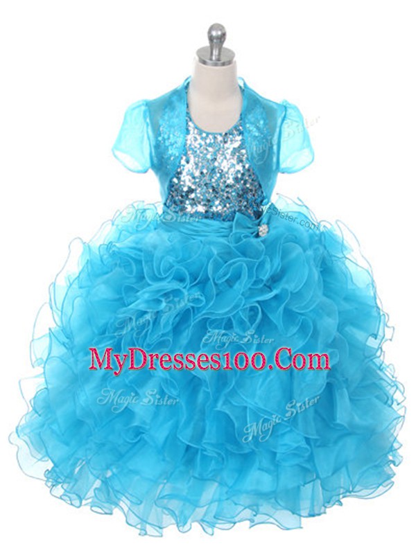 Beautiful Organza Sleeveless Floor Length Kids Pageant Dress and Ruffles and Sequins and Bowknot