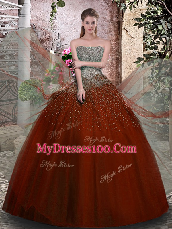 Rust Red Strapless Lace Up Beading Quinceanera Dresses Sleeveless