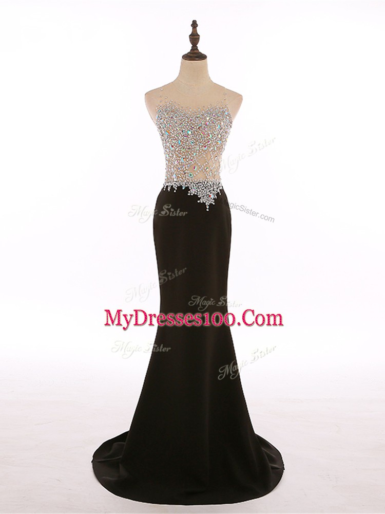 Great Scoop Sleeveless Dress for Prom Brush Train Beading Black Chiffon