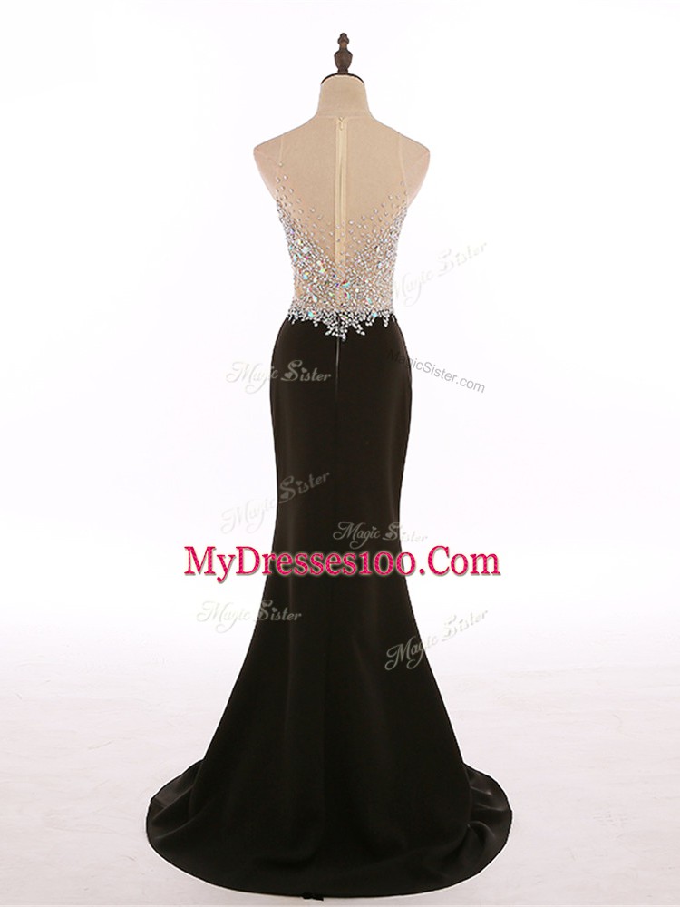 Great Scoop Sleeveless Dress for Prom Brush Train Beading Black Chiffon