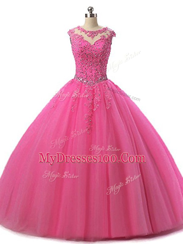 Hot Pink Ball Gowns Scoop Sleeveless Tulle Floor Length Lace Up Beading and Lace Sweet 16 Dresses