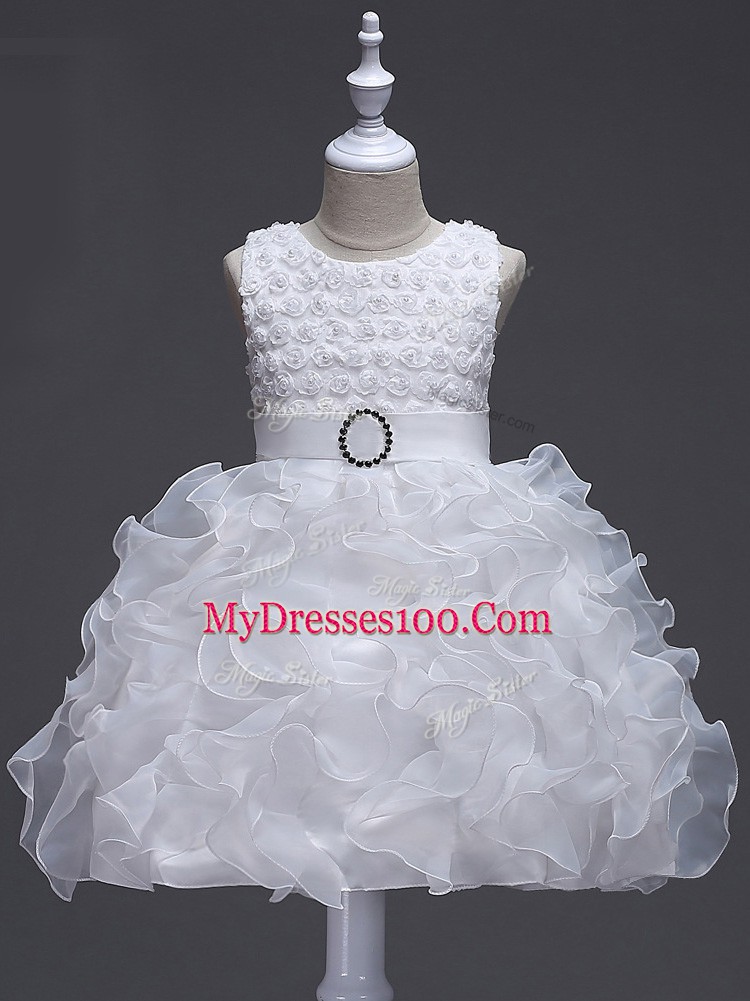Sleeveless Lace Up Knee Length Ruffles and Belt Little Girls Pageant Gowns