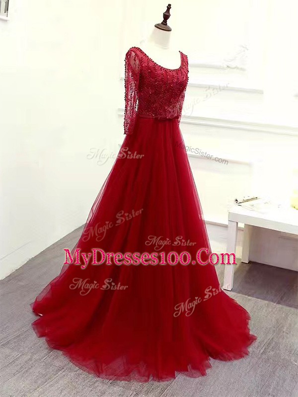 Brush Train Empire Prom Evening Gown Wine Red Scoop Tulle Long Sleeves Zipper